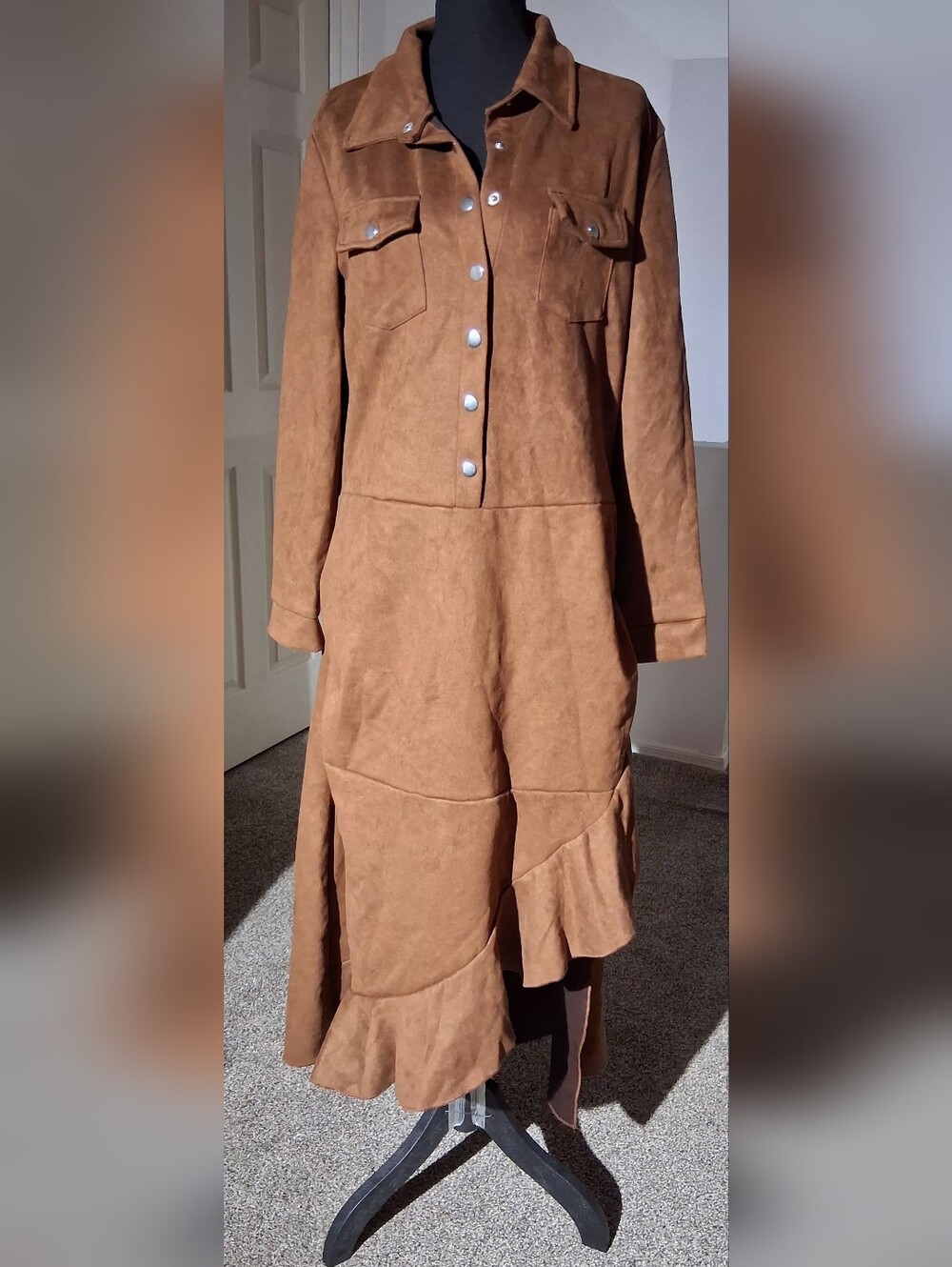 Suede-Look Brown Button-Front Long Sleeve Dress